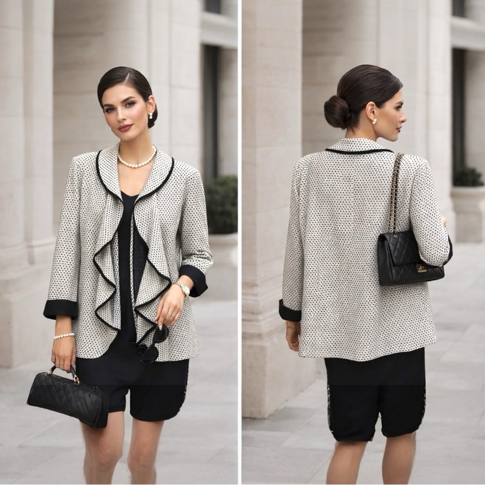 Tahari Vintage Black & White Waterfall Front Old Money Style Blazer Size 16W